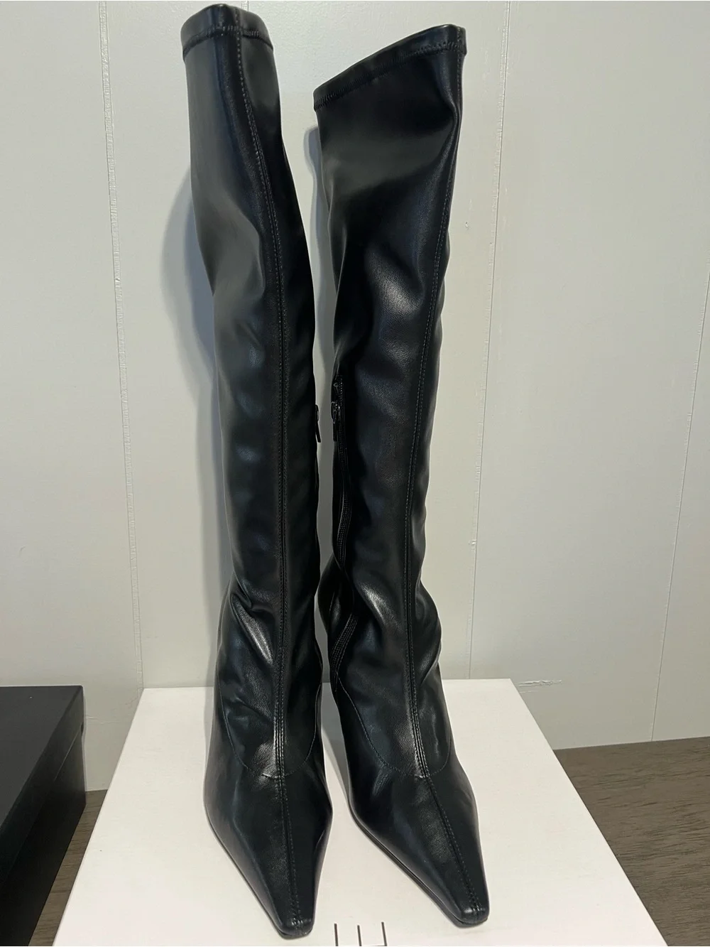 RAYE Alexandra Knee High Boots Women's Black Stiletto Pointed-Toe Boots